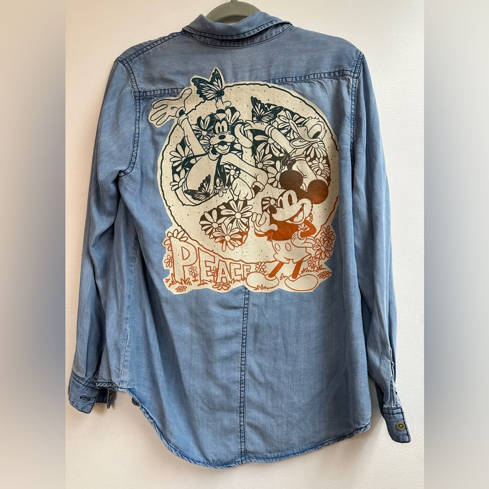 DISNEY MICKEY MOUSE GOOFY DONALD DUCK tshirt Peace Sign Upcycled denim shirt M